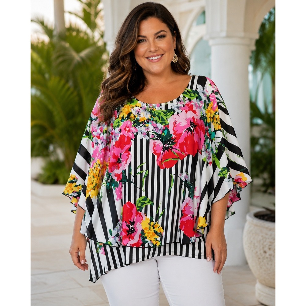 Nygard Palm Beach Floral Stripe Poncho Top Flutter Sleeve 2X Colorful Maximalist